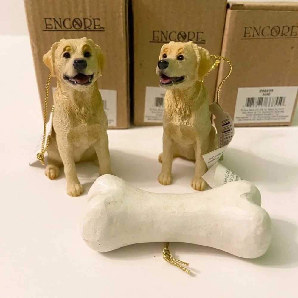 Russ Berrie Lot of  3 Encore Christmas Ornaments Yellow Labrador and Bone